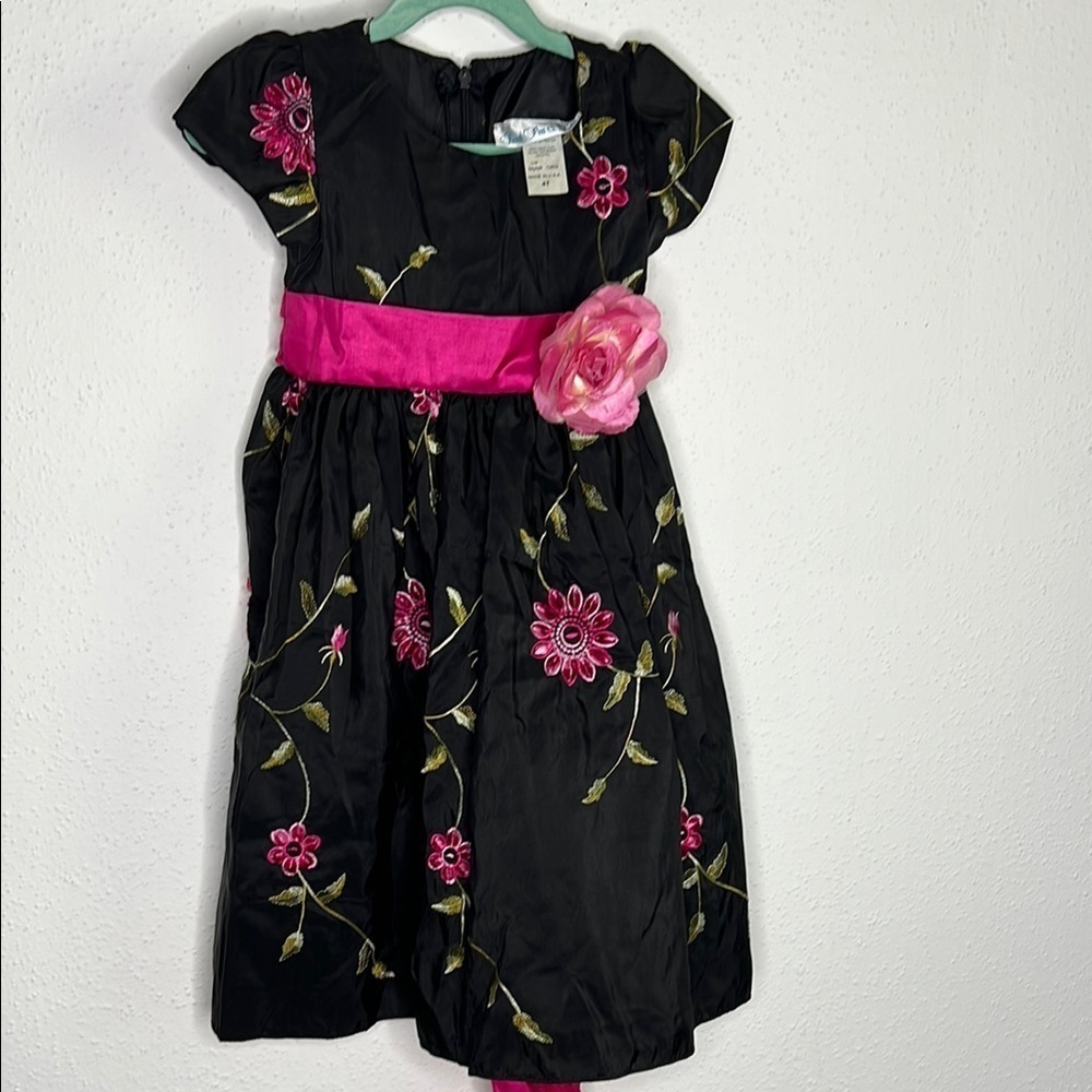 Black and Pink Fit and Flare Dress with Pleated Ruffles